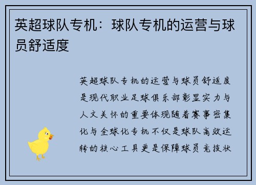 英超球队专机：球队专机的运营与球员舒适度