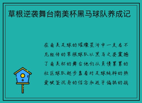 草根逆袭舞台南美杯黑马球队养成记